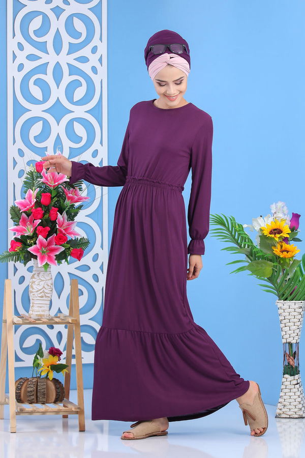 Bel Büzgülü Elbise Siyah Mor - 7479