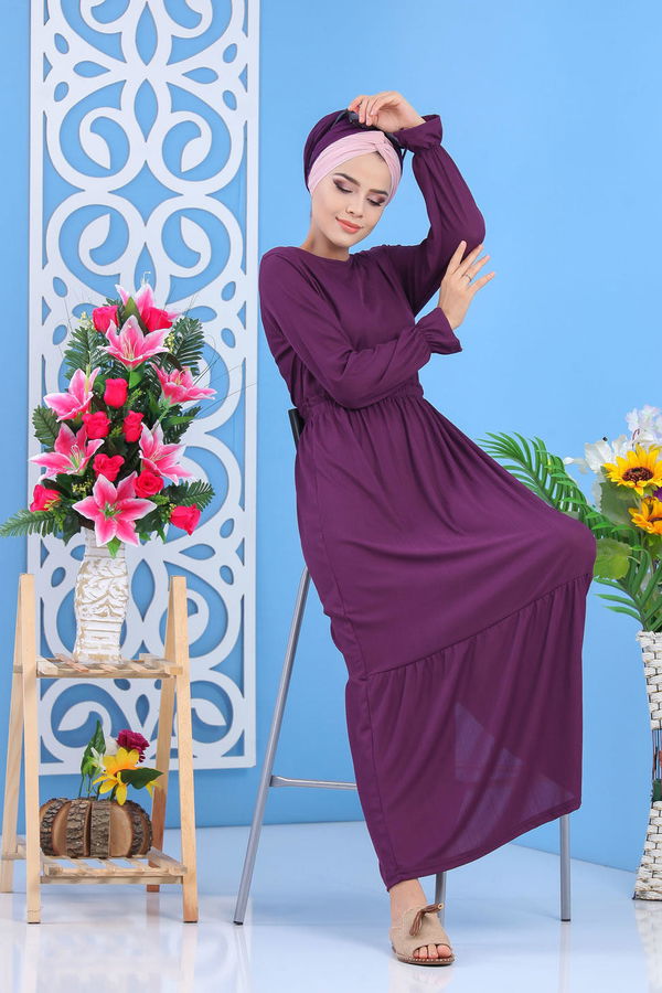 Bel Büzgülü Elbise Siyah Mor - 7479