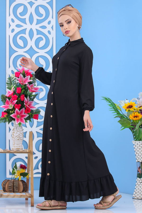 Dügmeli Elbise Siyah Siyah - 7509