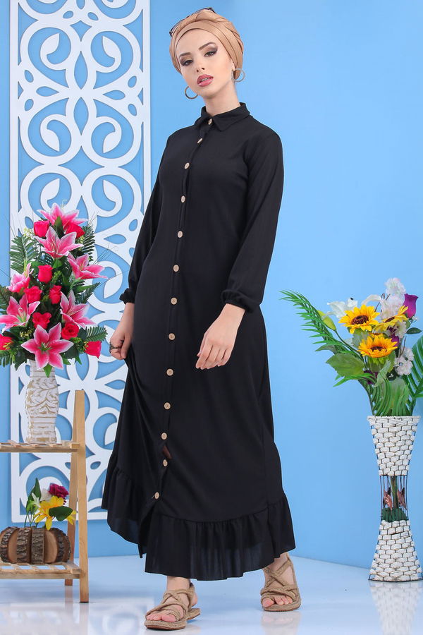 Dügmeli Elbise Siyah Siyah - 7509