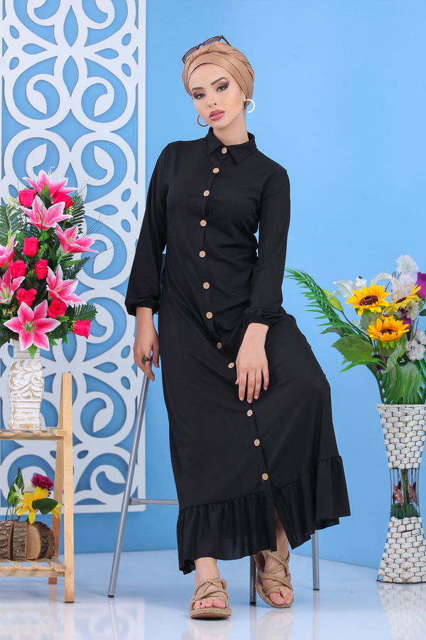 Dügmeli Elbise Siyah Siyah - 7509