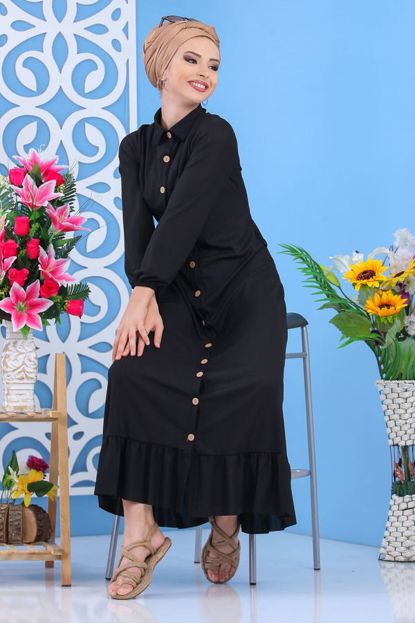 Dügmeli Elbise Siyah Siyah - 7509