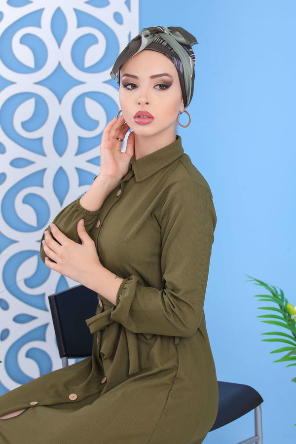 Dügmeli Elbise Siyah Haki - 7509