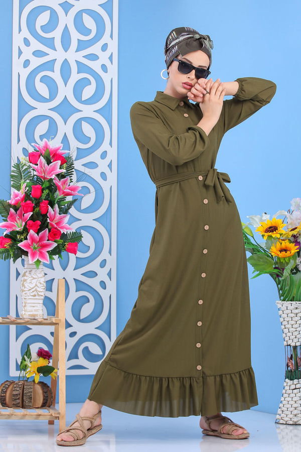 Dügmeli Elbise Siyah Haki - 7509