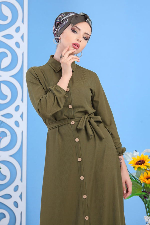 Dügmeli Elbise Siyah Haki - 7509