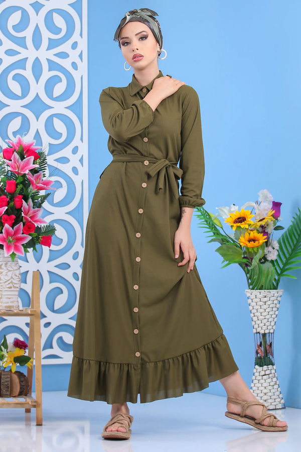 Dügmeli Elbise Siyah Haki - 7509