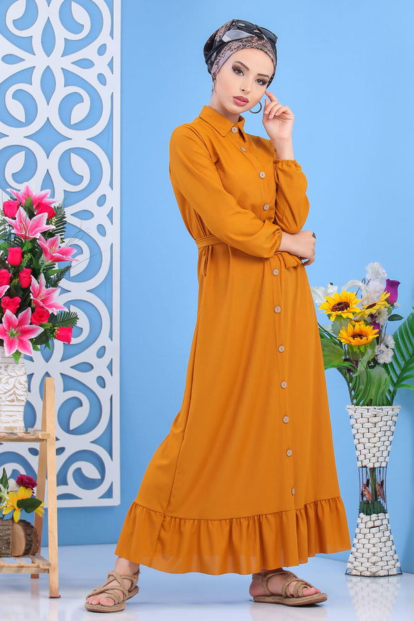 Dügmeli Elbise Siyah Sarı - 7509