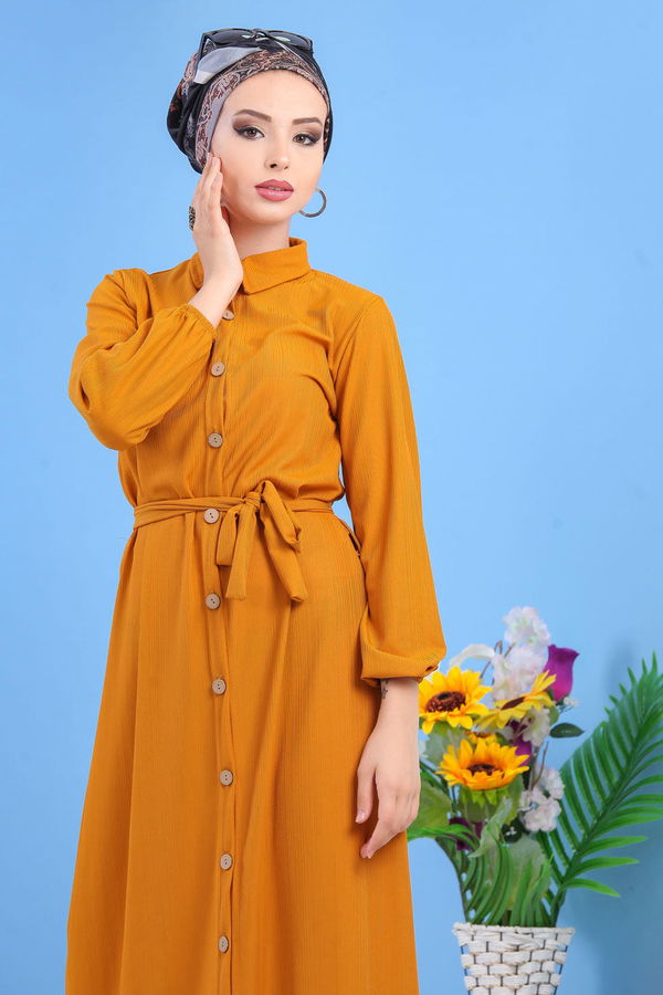 Dügmeli Elbise Siyah Sarı - 7509
