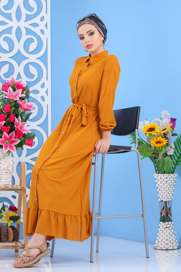 Dügmeli Elbise Siyah Sarı - 7509
