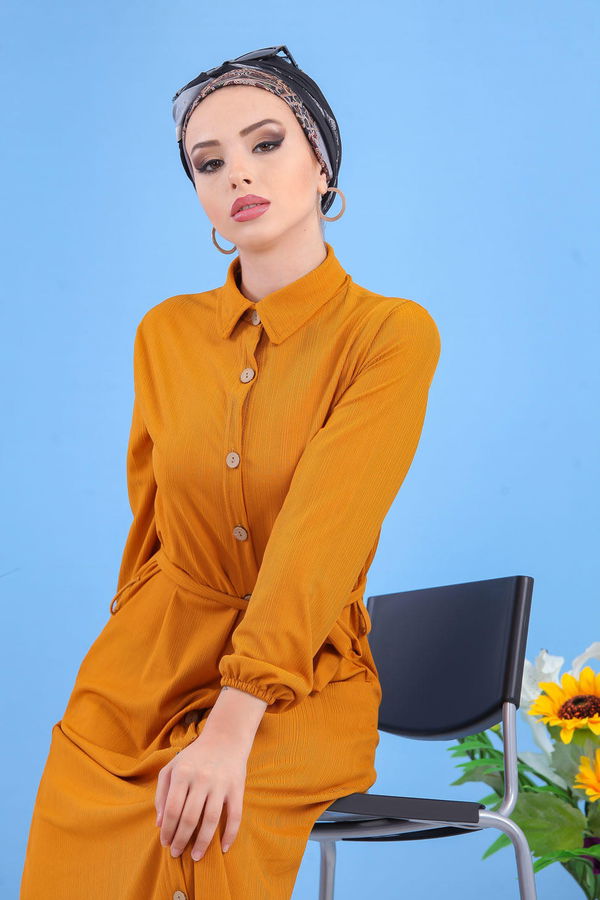 Dügmeli Elbise Siyah Sarı - 7509