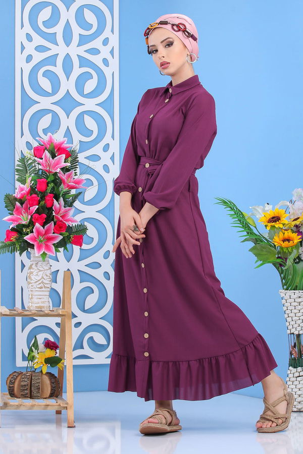 Dügmeli Elbise Siyah Mor - 7509