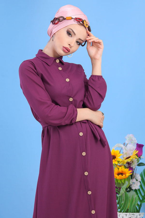 Dügmeli Elbise Siyah Mor - 7509