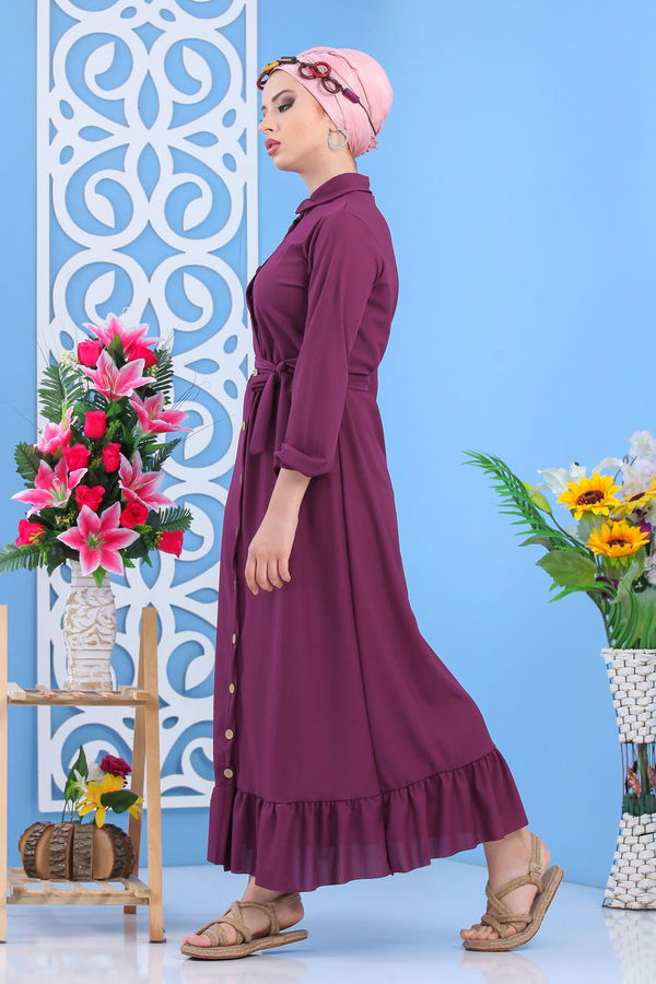 Dügmeli Elbise Siyah Mor - 7509