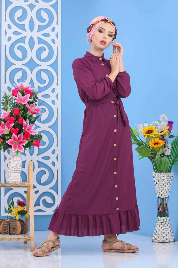 Dügmeli Elbise Siyah Mor - 7509