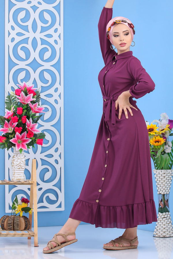 Dügmeli Elbise Siyah Mor - 7509
