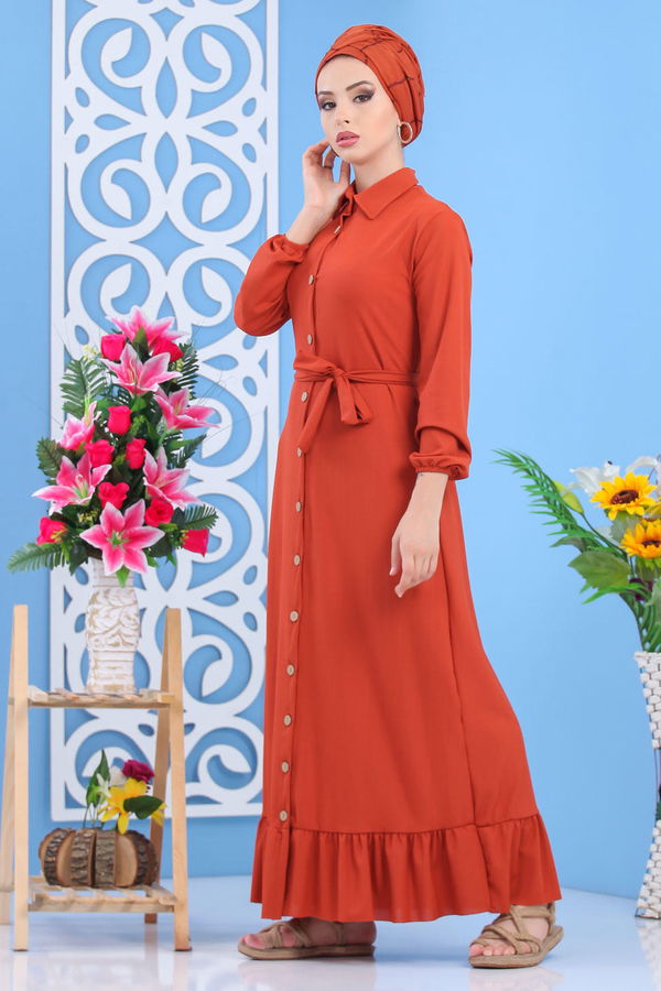 Dügmeli Elbise Siyah Kiremit - 7509