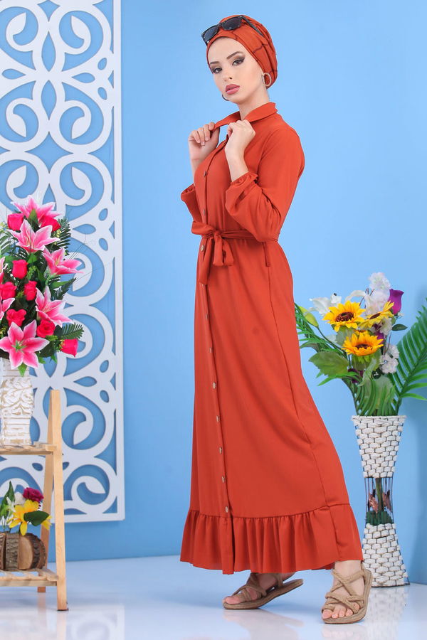 Dügmeli Elbise Siyah Kiremit - 7509