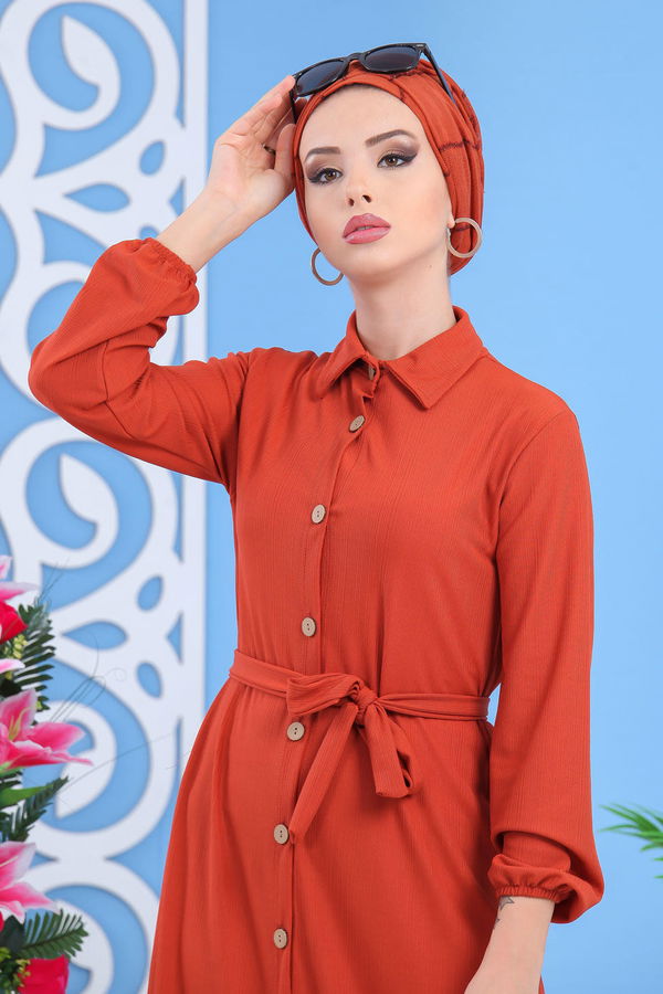Dügmeli Elbise Siyah Kiremit - 7509
