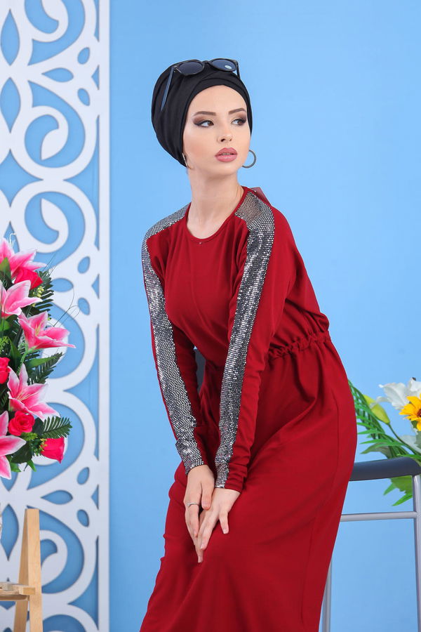 Elbise Siyah Bordo - 7510