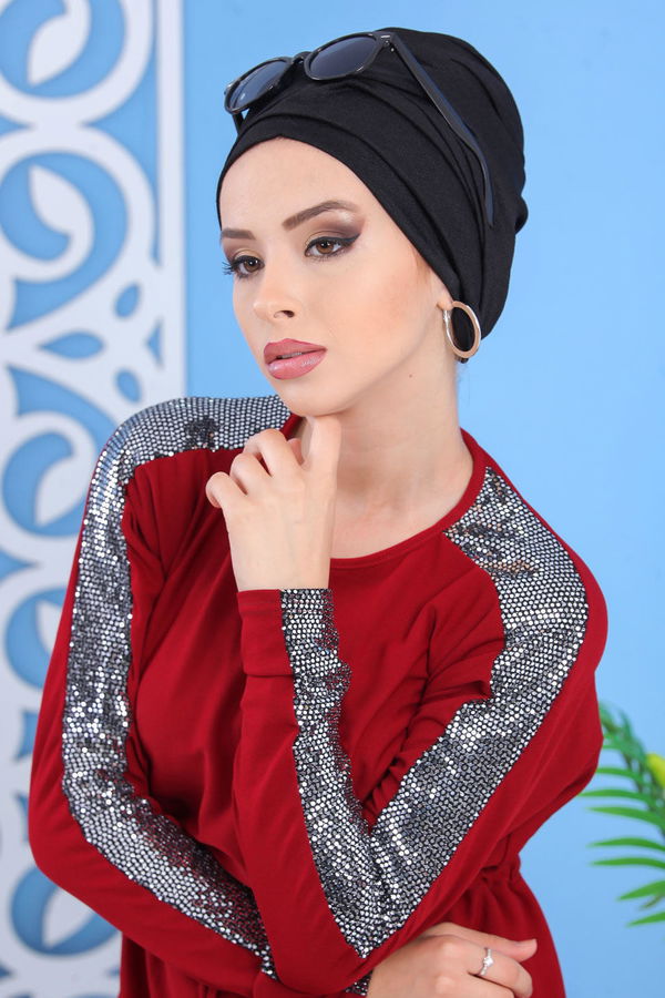 Elbise Siyah Bordo - 7510
