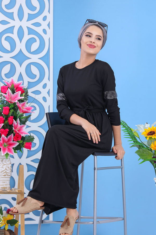 Kuşaklı Elbise Siyah Siyah - 7511