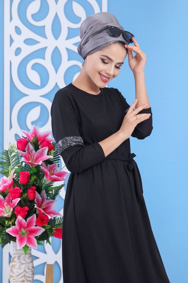 Kuşaklı Elbise Siyah Siyah - 7511