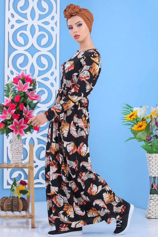 Çiçek Desen Elbise Siyah Siyah - 7515 SİYAH