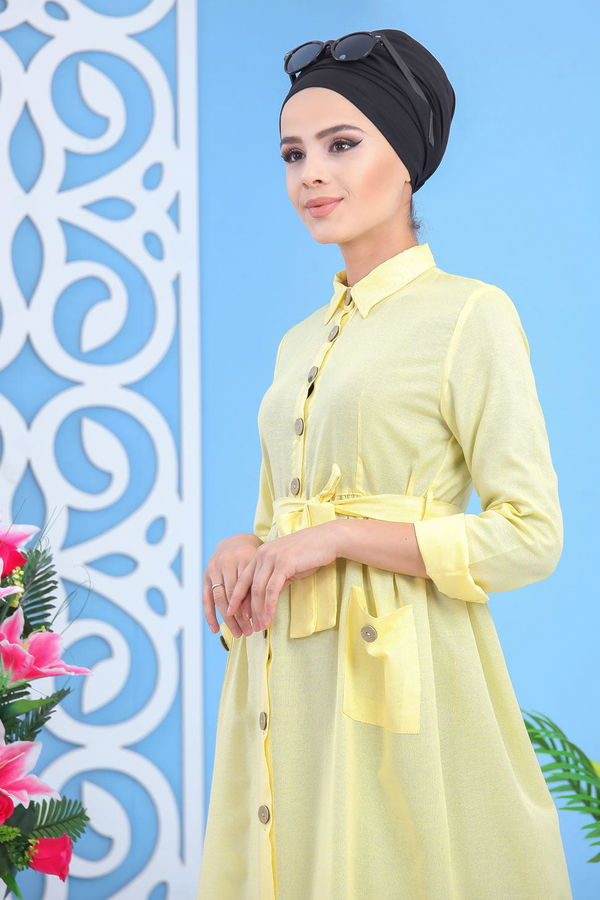 Dügmeli Elbise Sarı - 02 7398 Sarı - 7398