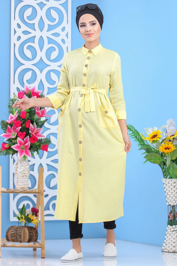 Dügmeli Elbise Sarı - 02 7398 Sarı - 7398