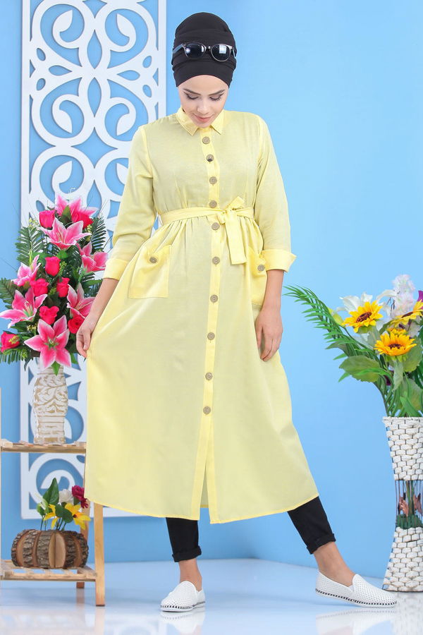 Dügmeli Elbise Sarı - 02 7398 Sarı - 7398