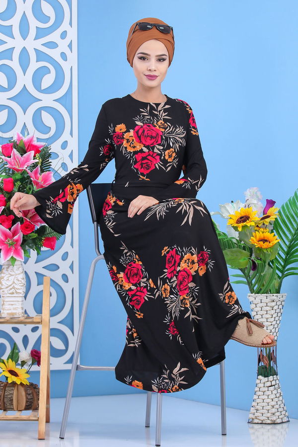 Elbise Siyah Fuşya Siyah - 7543 SİYAH
