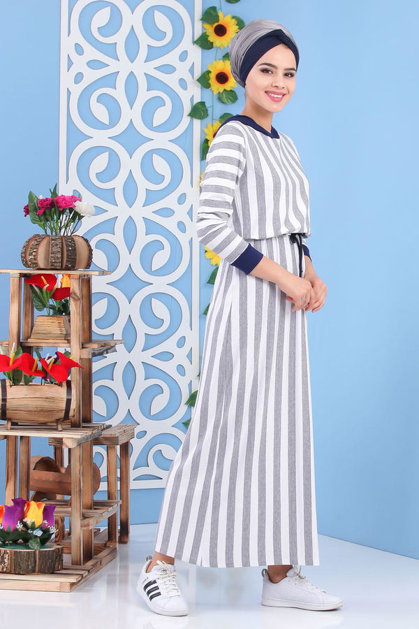 Çizgili Elbise Siyah Gri - 5135