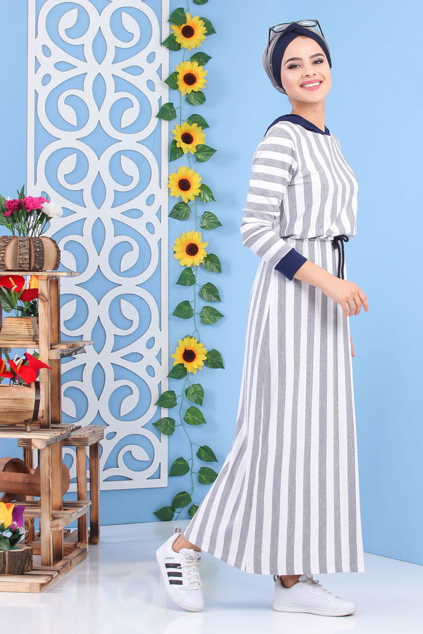 Çizgili Elbise Siyah Gri - 5135