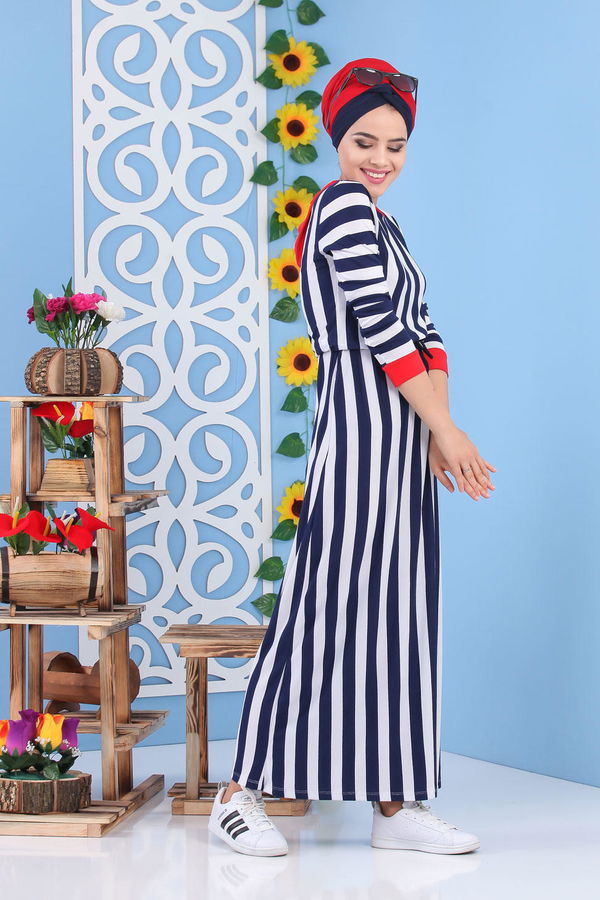 Çizgili Elbise Siyah Lacivert - 5135
