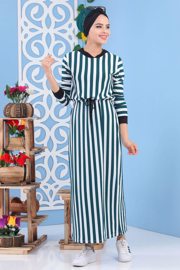 Çizgili Elbise Siyah Yeşil - 5135