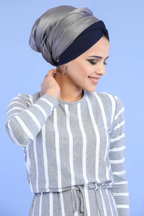 Çizgili Elbise Siyah Gri - 5100 GRİ