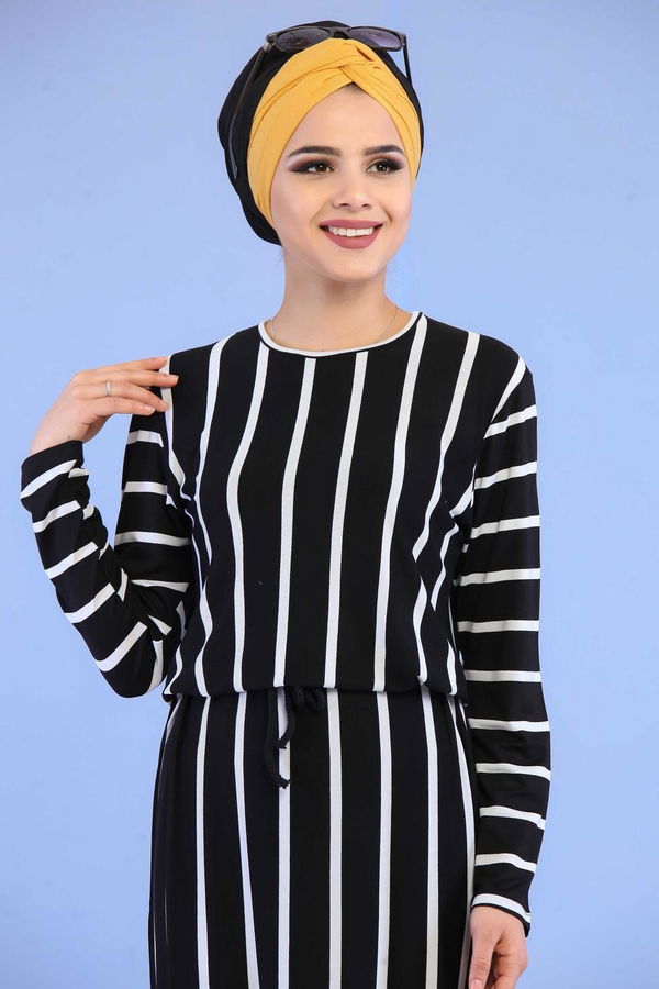 Çizgili Elbise Siyah Siyah - 5100