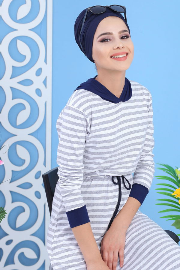 Kapşonlu Elbise Gri - Lacivert - 02 5097 Lacivert - 5097 LACİVERT