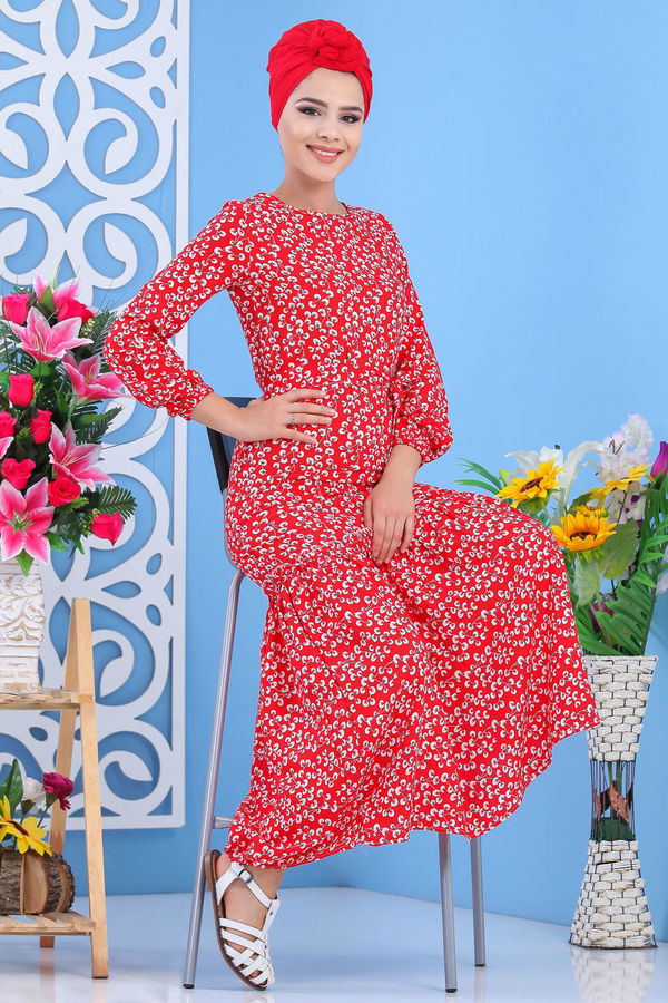 Desenli Elbise Kırmızı Kırmızı - 7588 Kırmızı