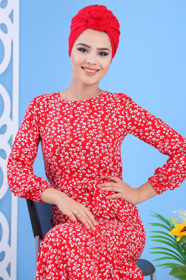 Desenli Elbise Kırmızı Kırmızı - 7588 Kırmızı