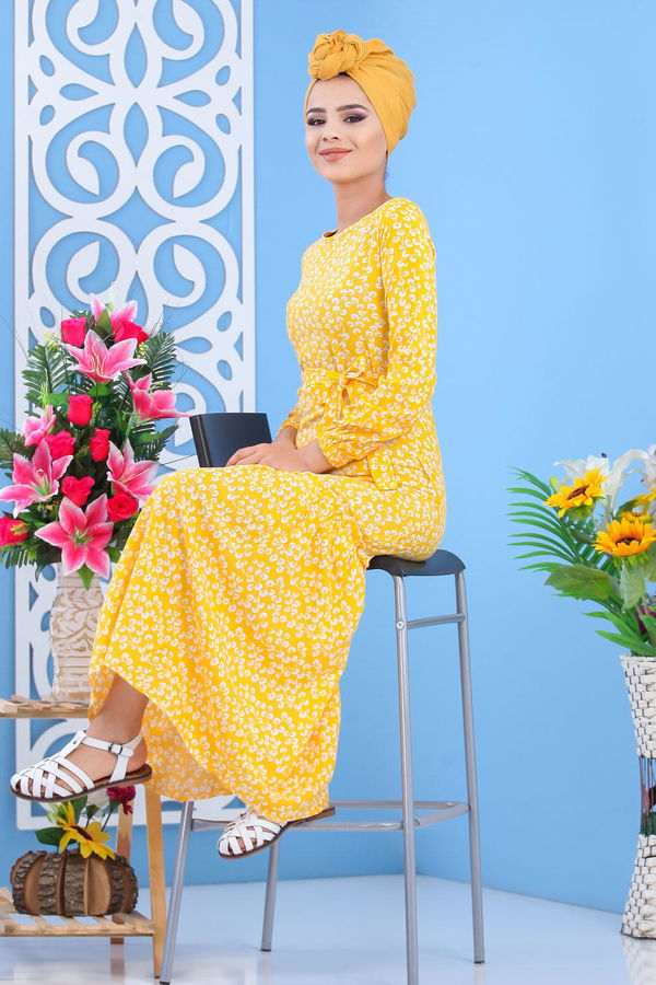 Desenli Elbise Kırmızı Sarı - 7588 Sarı