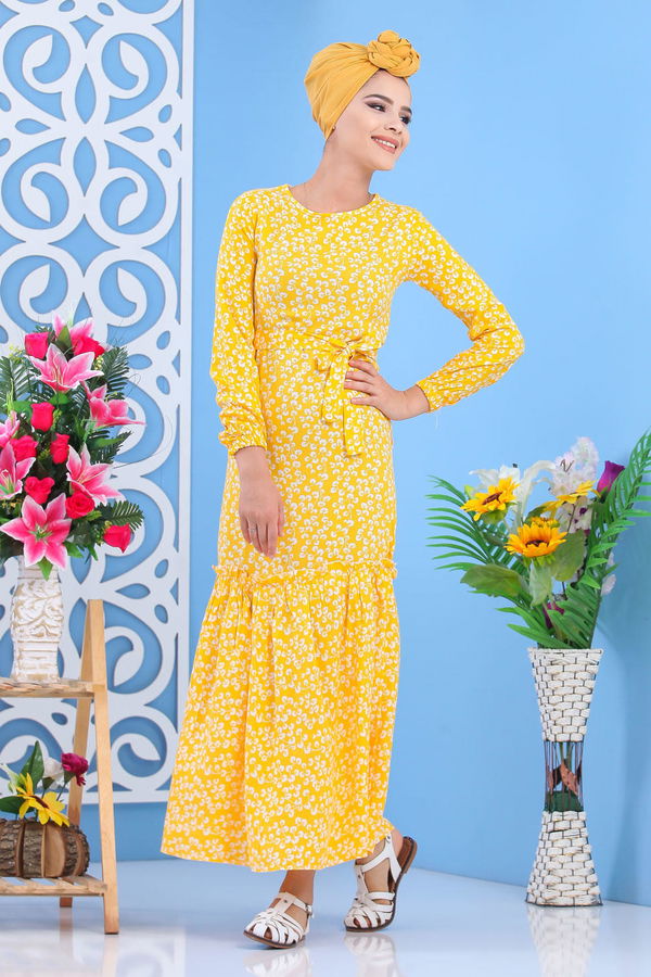 Desenli Elbise Kırmızı Sarı - 7588 Sarı