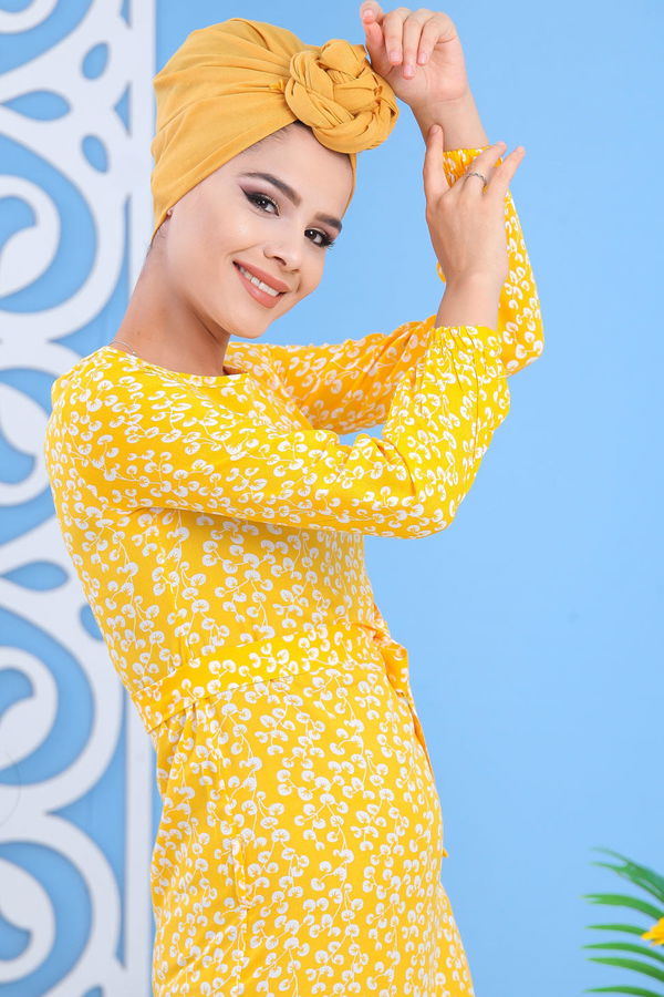 Desenli Elbise Kırmızı Sarı - 7588 Sarı
