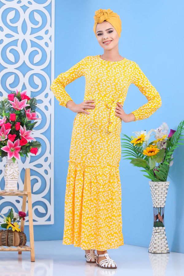 Desenli Elbise Kırmızı Sarı - 7588 Sarı