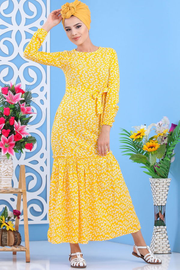 Desenli Elbise Kırmızı Sarı - 7588 Sarı