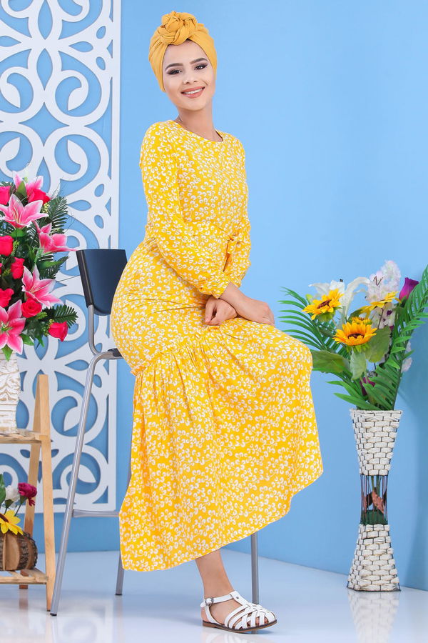 Desenli Elbise Kırmızı Sarı - 7588 Sarı