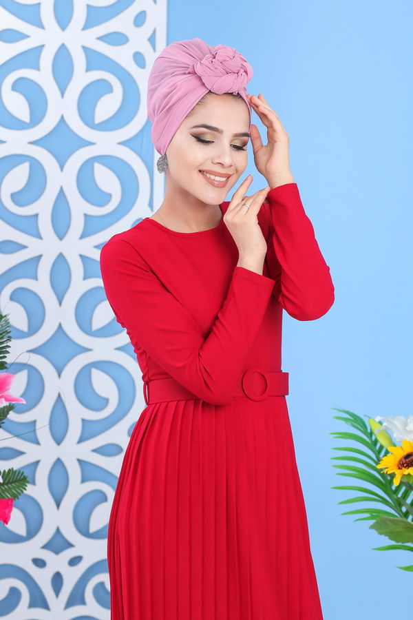 Pliseli Elbise Siyah Bordo - 7581 BORDO