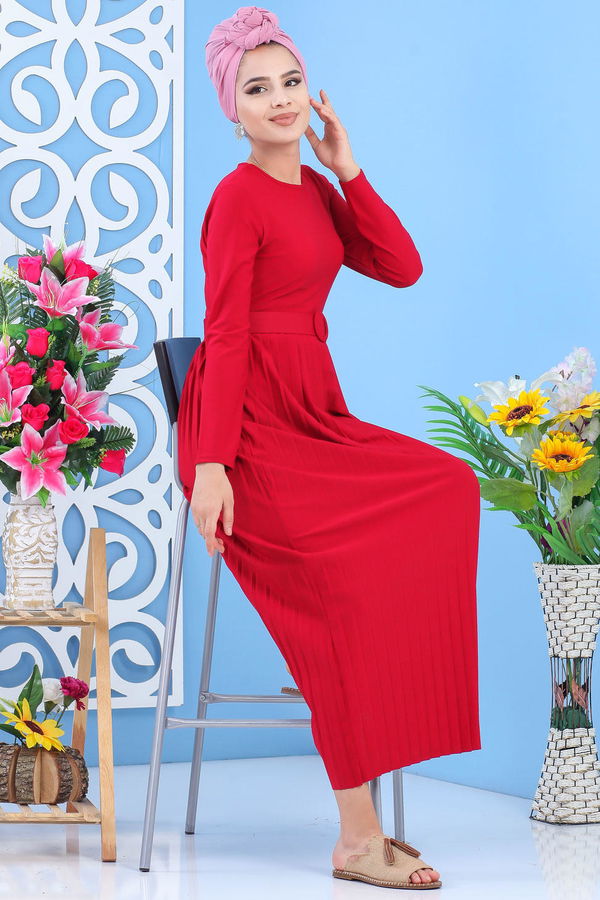 Pliseli Elbise Siyah Bordo - 7581 BORDO