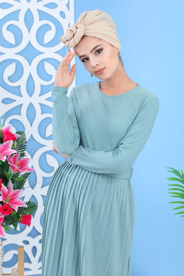 Pliseli Elbise Siyah Yeşil - 7581 YEŞİL