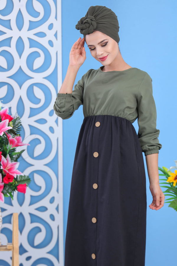 Dügme Detay Elbise Haki Haki - 7591 HAKİ